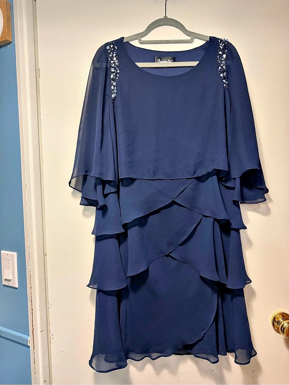 Amanda Collection Beaded Layered Midi Dress in Blue Size XL Stunning For Wedding